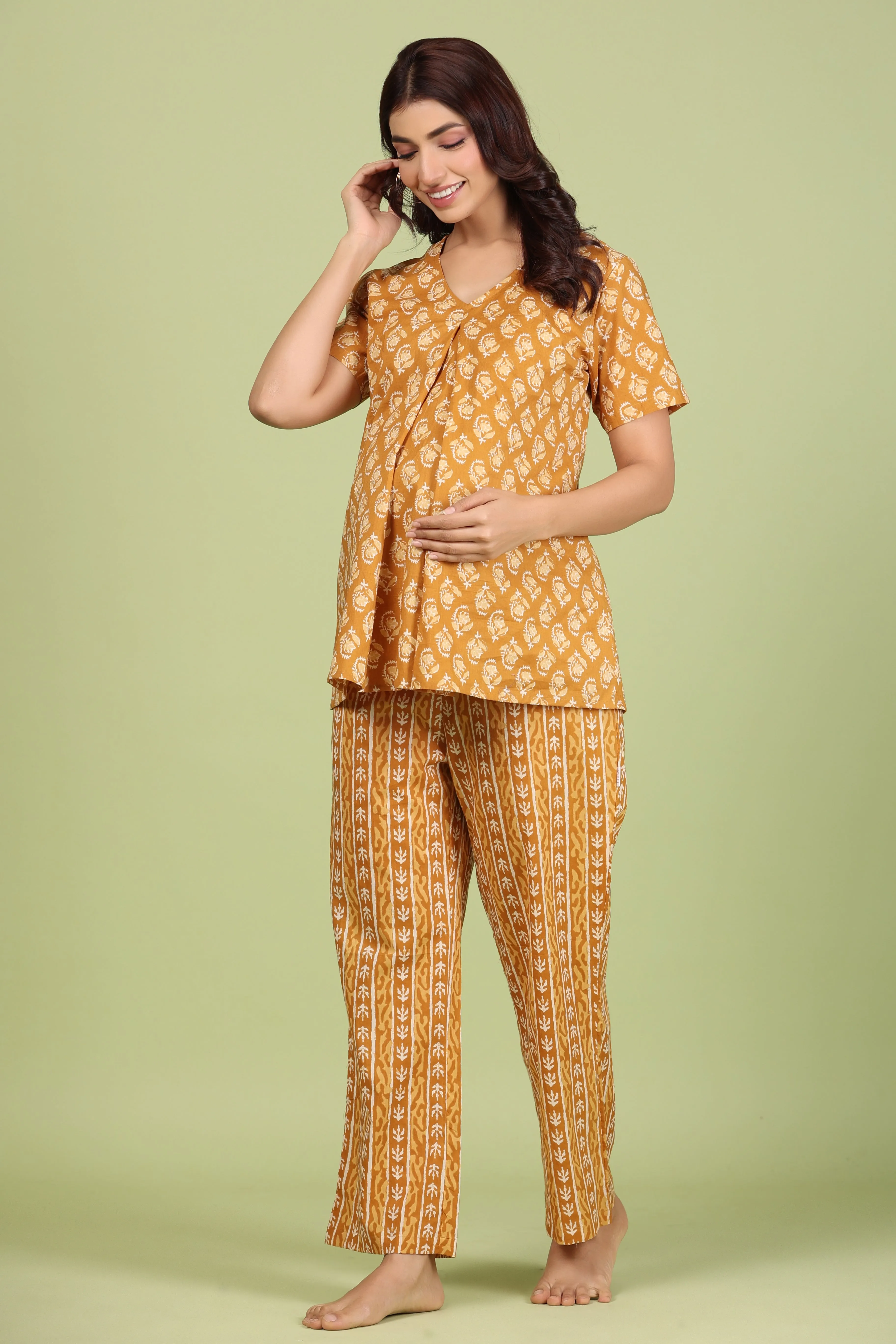 Daabu Print on Mustard Maternity Feeding Pyjama Set