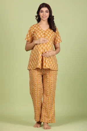 Daabu Print on Mustard Maternity Feeding Pyjama Set