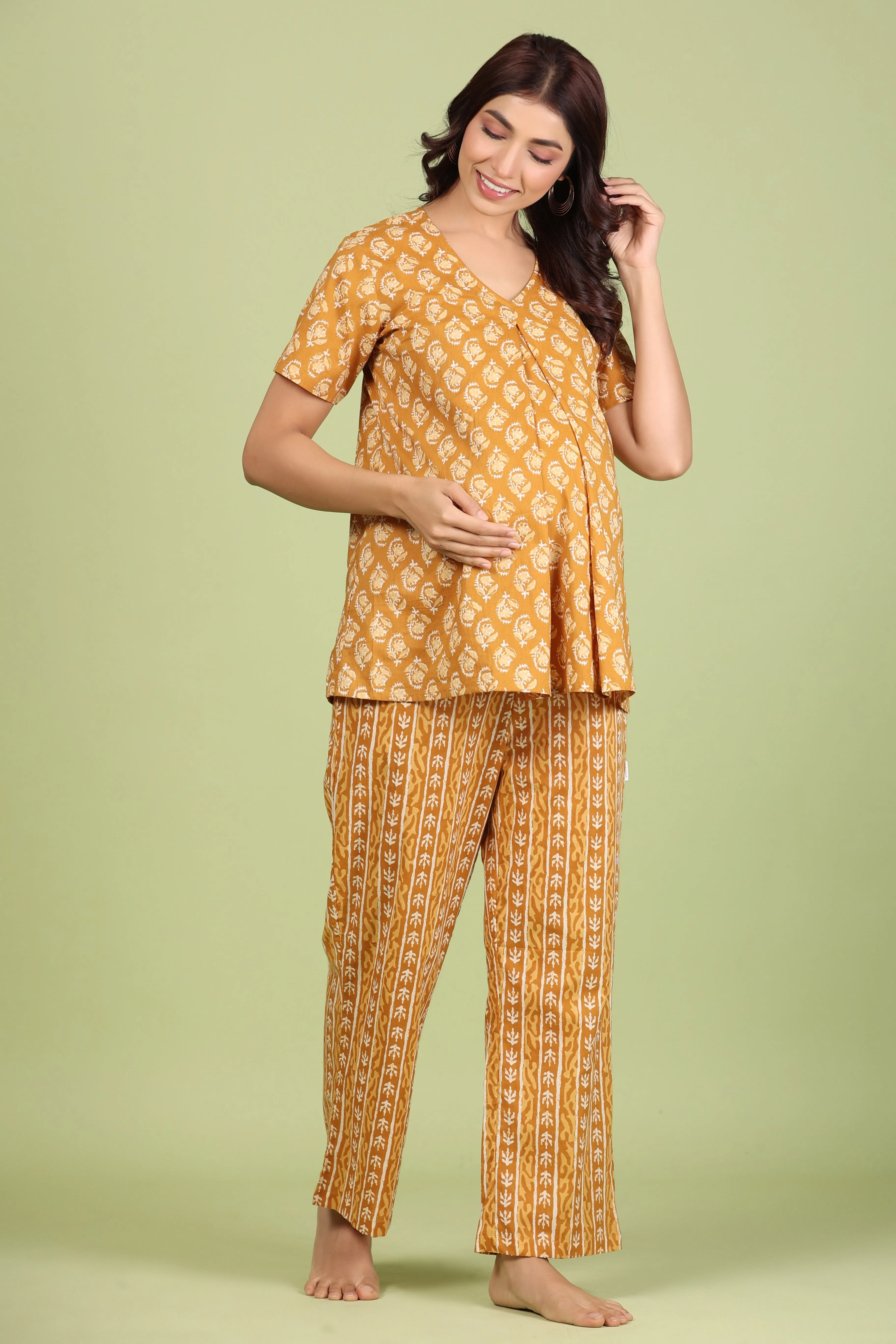 Daabu Print on Mustard Maternity Feeding Pyjama Set