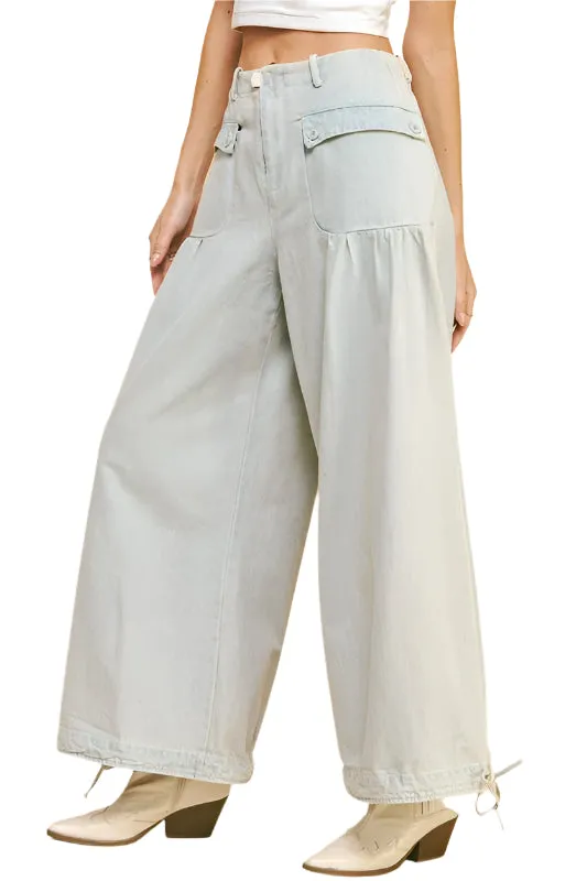 Davi & Dani Drawstring Hem Wide Leg Mid Rise Jeans