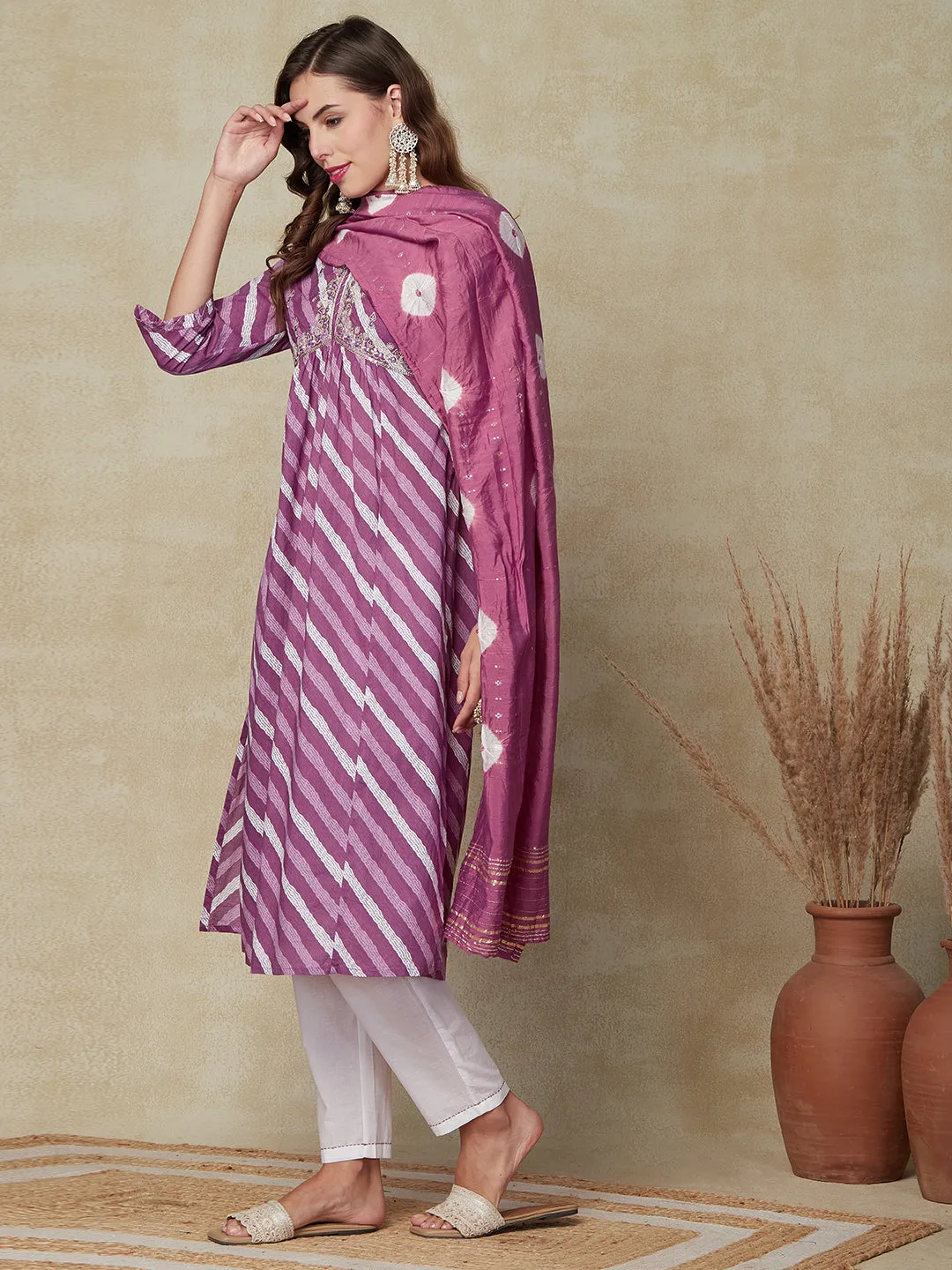 Diagonal striped Mirror Embroidered Pleated Kurta with Pants & Dupatta - Purple