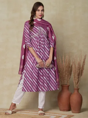 Diagonal striped Mirror Embroidered Pleated Kurta with Pants & Dupatta - Purple