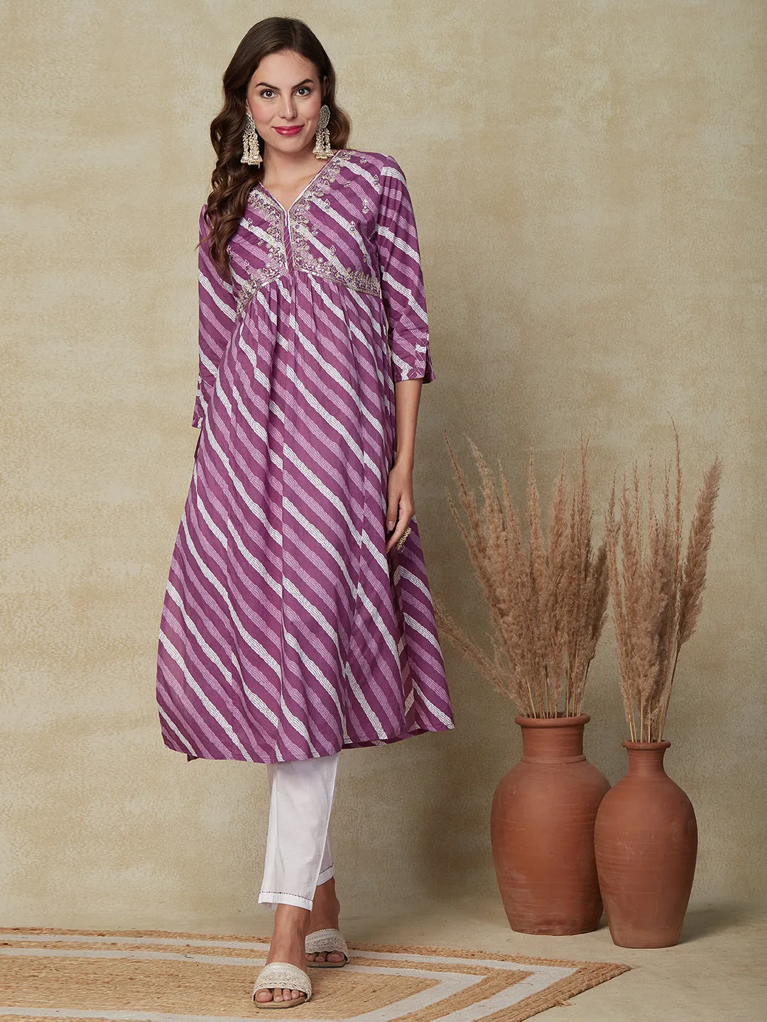 Diagonal striped Mirror Embroidered Pleated Kurta with Pants & Dupatta - Purple