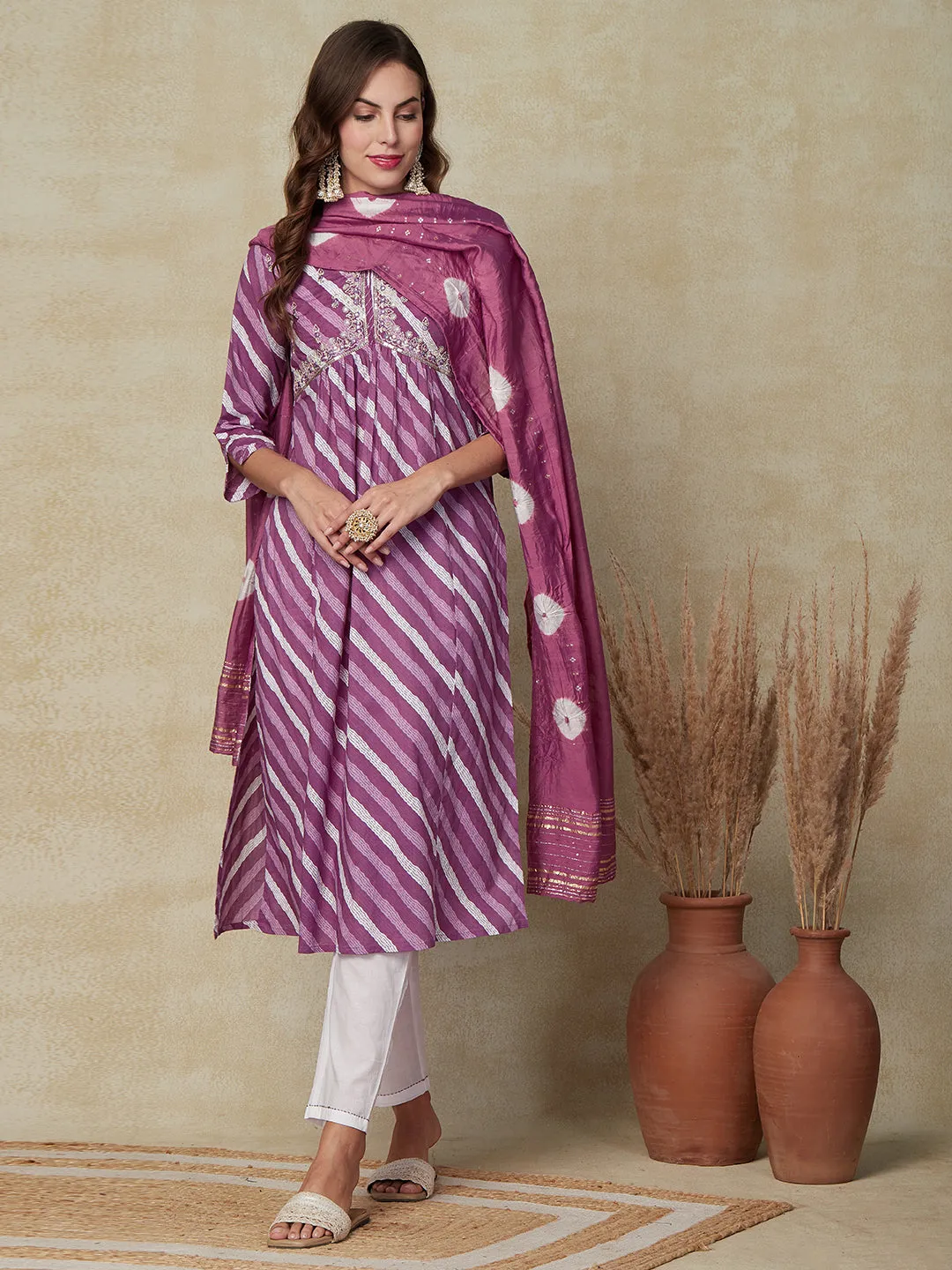 Diagonal striped Mirror Embroidered Pleated Kurta with Pants & Dupatta - Purple