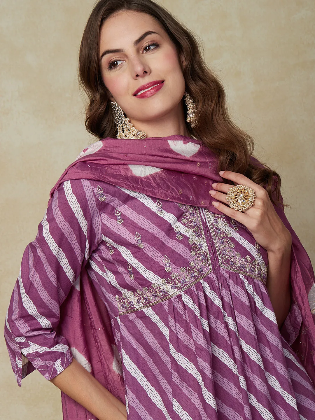 Diagonal striped Mirror Embroidered Pleated Kurta with Pants & Dupatta - Purple