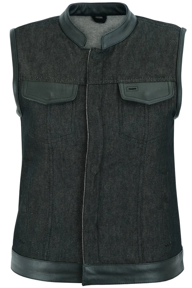 DM963 Women's Rough Rub-Off Raw Finish Denim Vest W/Leather Trim