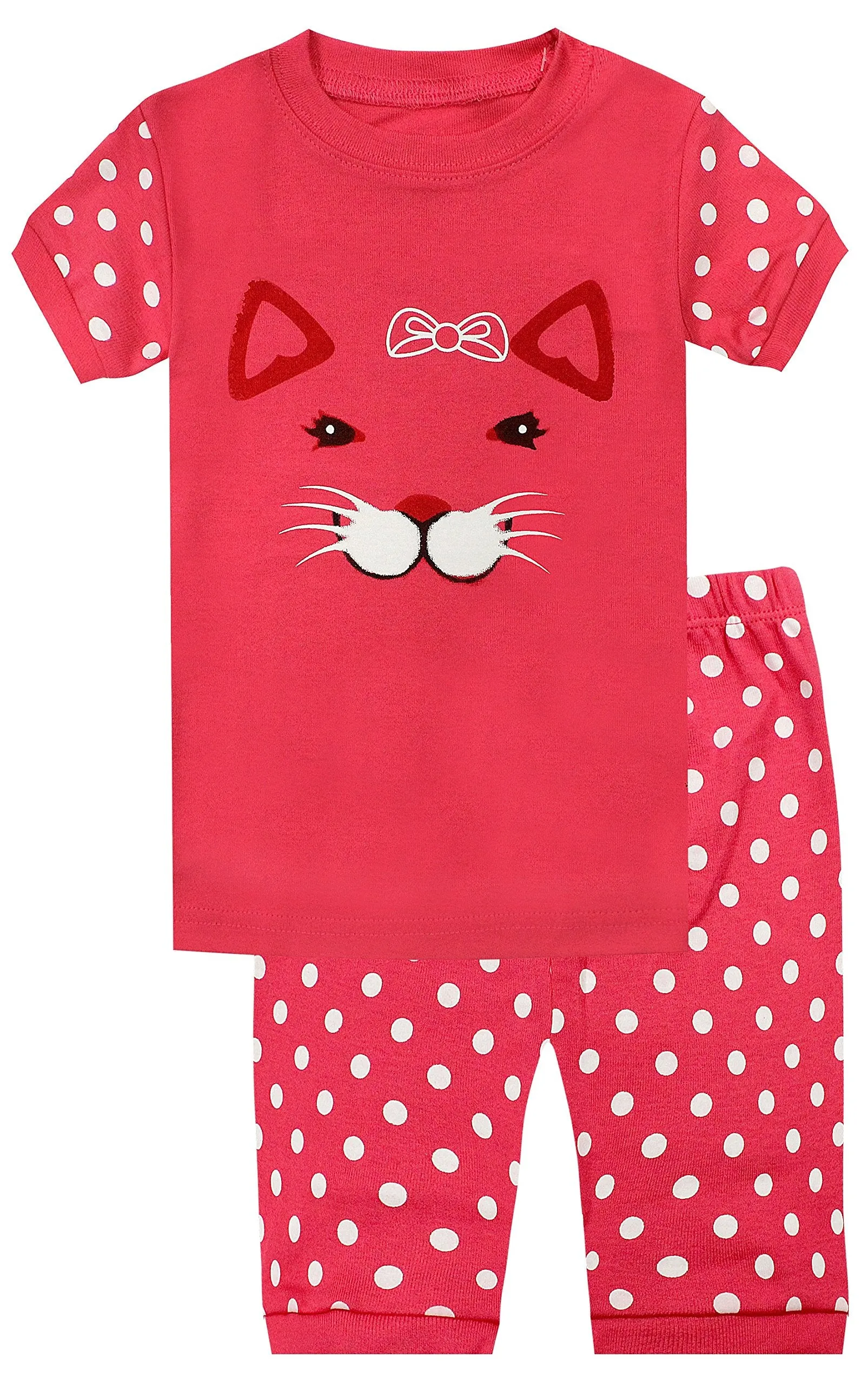 Elowel Girls Shorts Cat Face pink pajamas 2 Piece Pajamas Set 100% Cotton (Size Toddler-10Y)