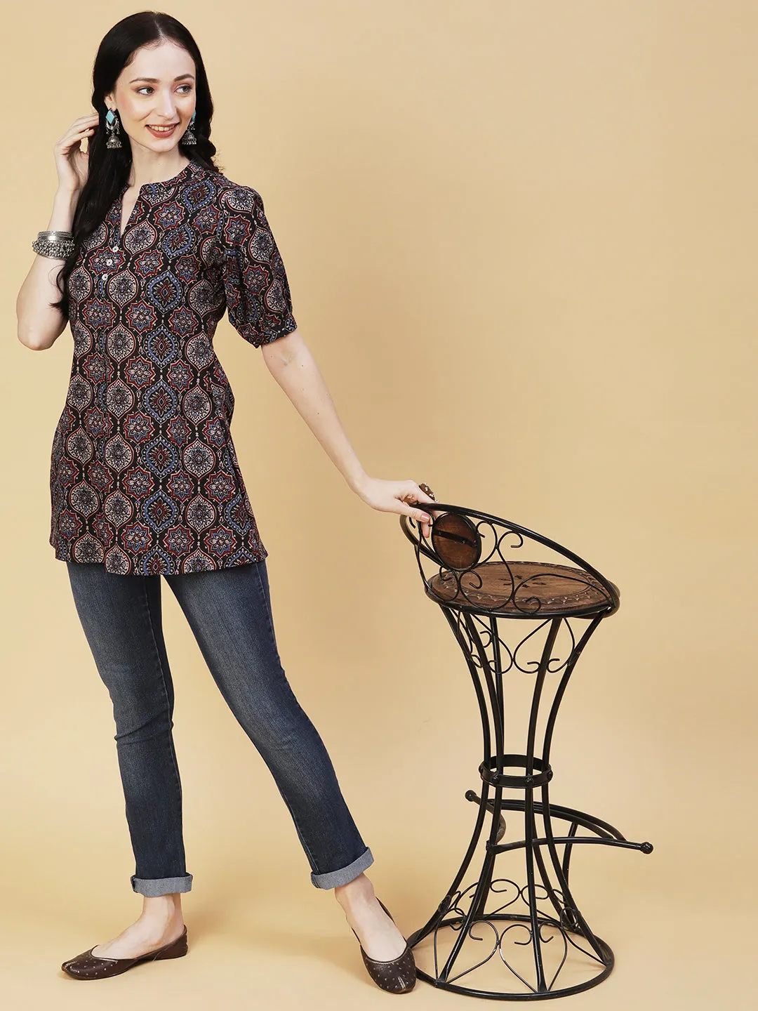 Ethnic Ajarakh Block Printed Mother-of-Pearl Buttoned Short Kurti - Black