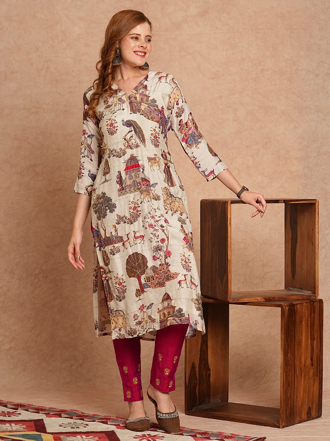 Ethnic & Floral Printed & Kantha Embroidered Straight Fit Kurta - Off White