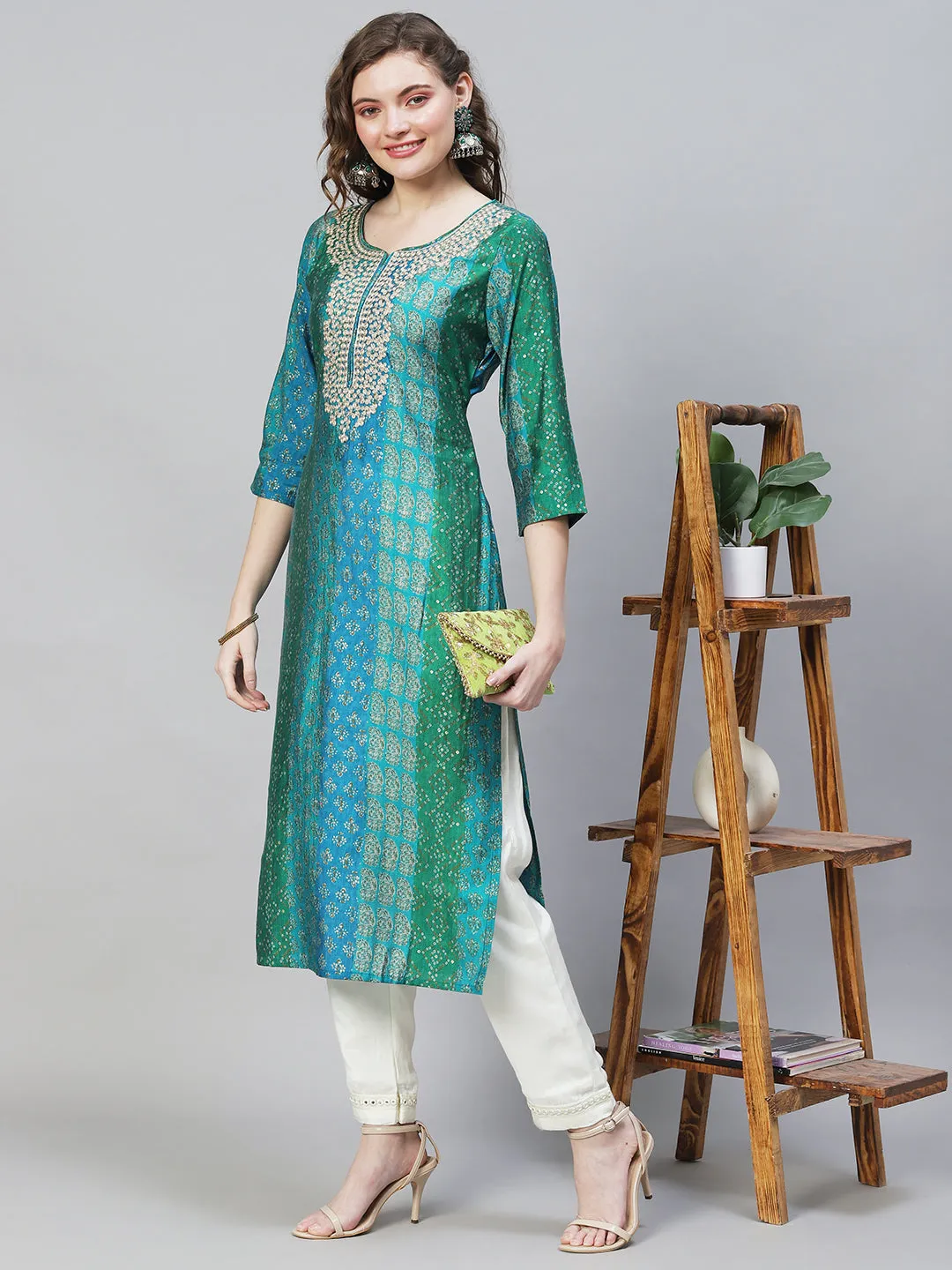 Ethnic & Stripes Printed & Embroidered Straight Fit Kurta – Multi