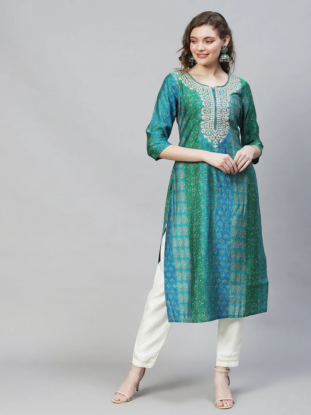 Ethnic & Stripes Printed & Embroidered Straight Fit Kurta – Multi