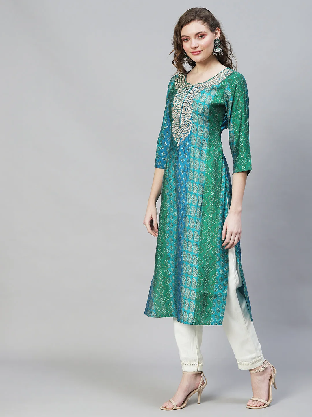 Ethnic & Stripes Printed & Embroidered Straight Fit Kurta – Multi