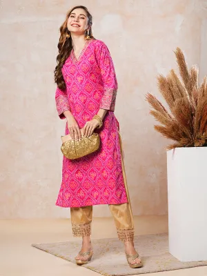 Ethnic Bandhani Style Printed Zari & Sequins Embroidered Kurta - Pink