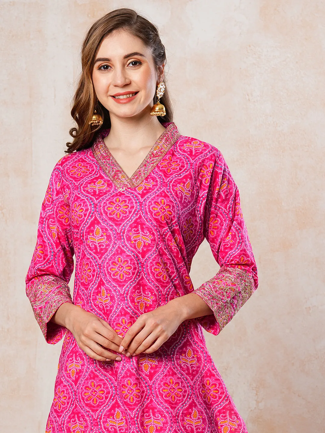 Ethnic Bandhani Style Printed Zari & Sequins Embroidered Kurta - Pink