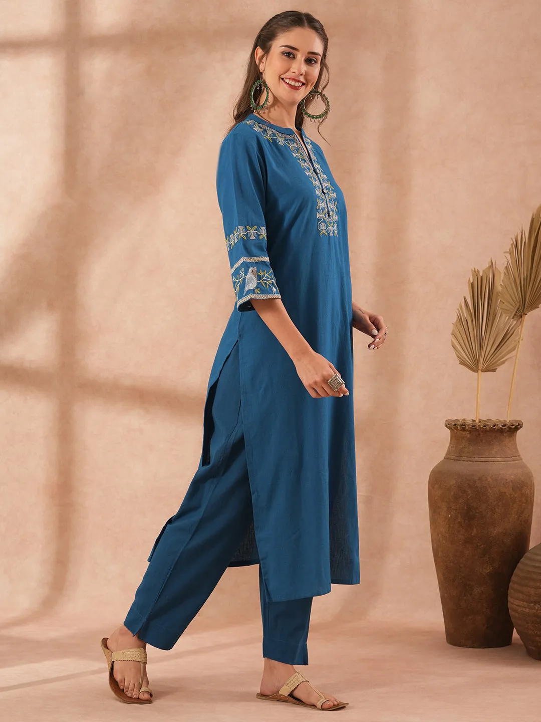 Ethnic Embroidered Straight Fit Co-ord Set - Blue