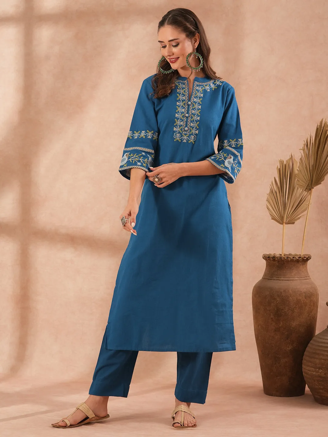 Ethnic Embroidered Straight Fit Co-ord Set - Blue