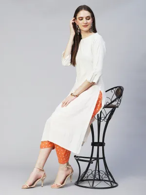 Ethnic Embroidered Straight Fit Kurta – Off White