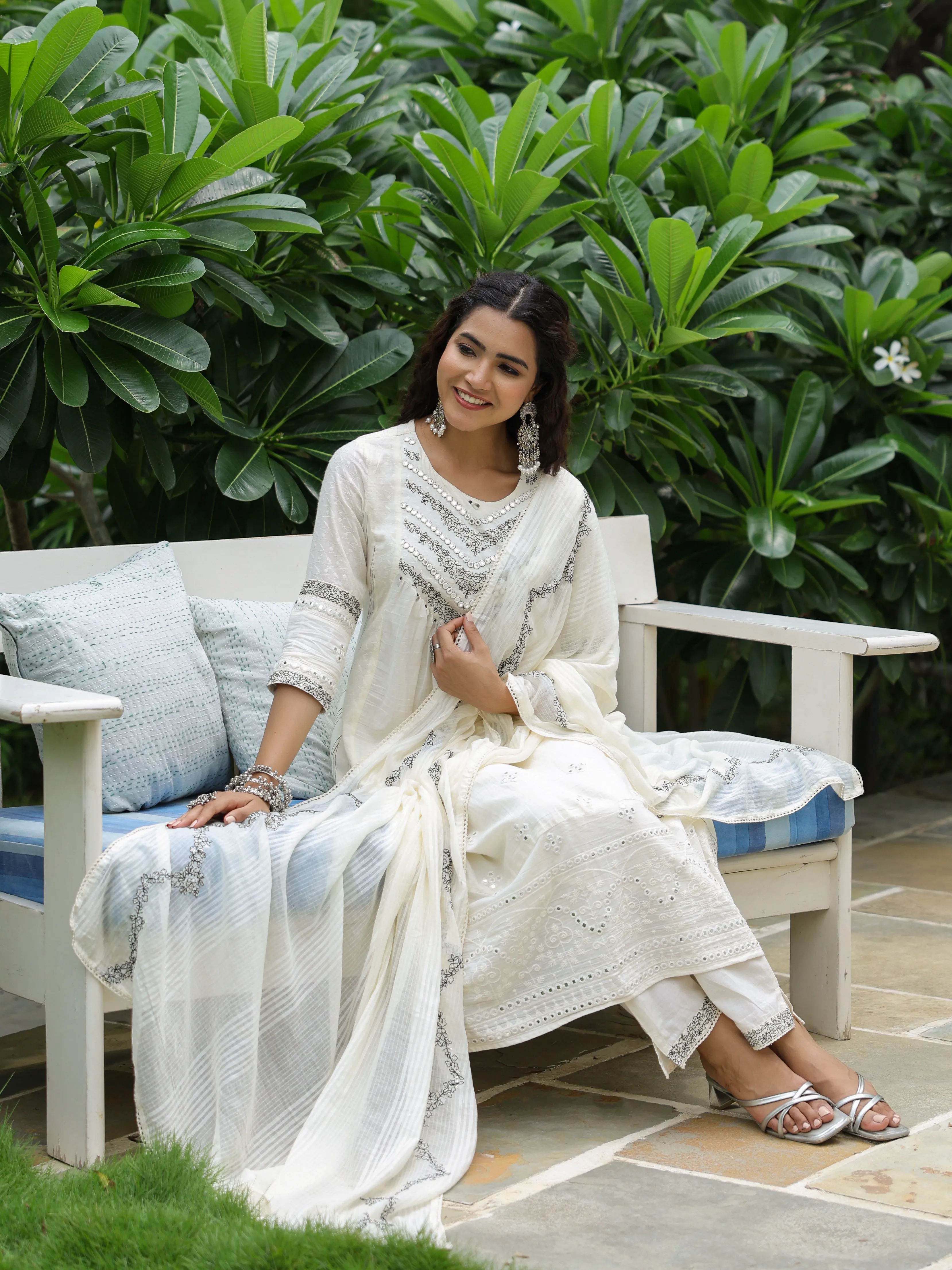 Ethnic Floral Embroidered A-Line Pleated Kurta with Pant & Dupatta - Cream