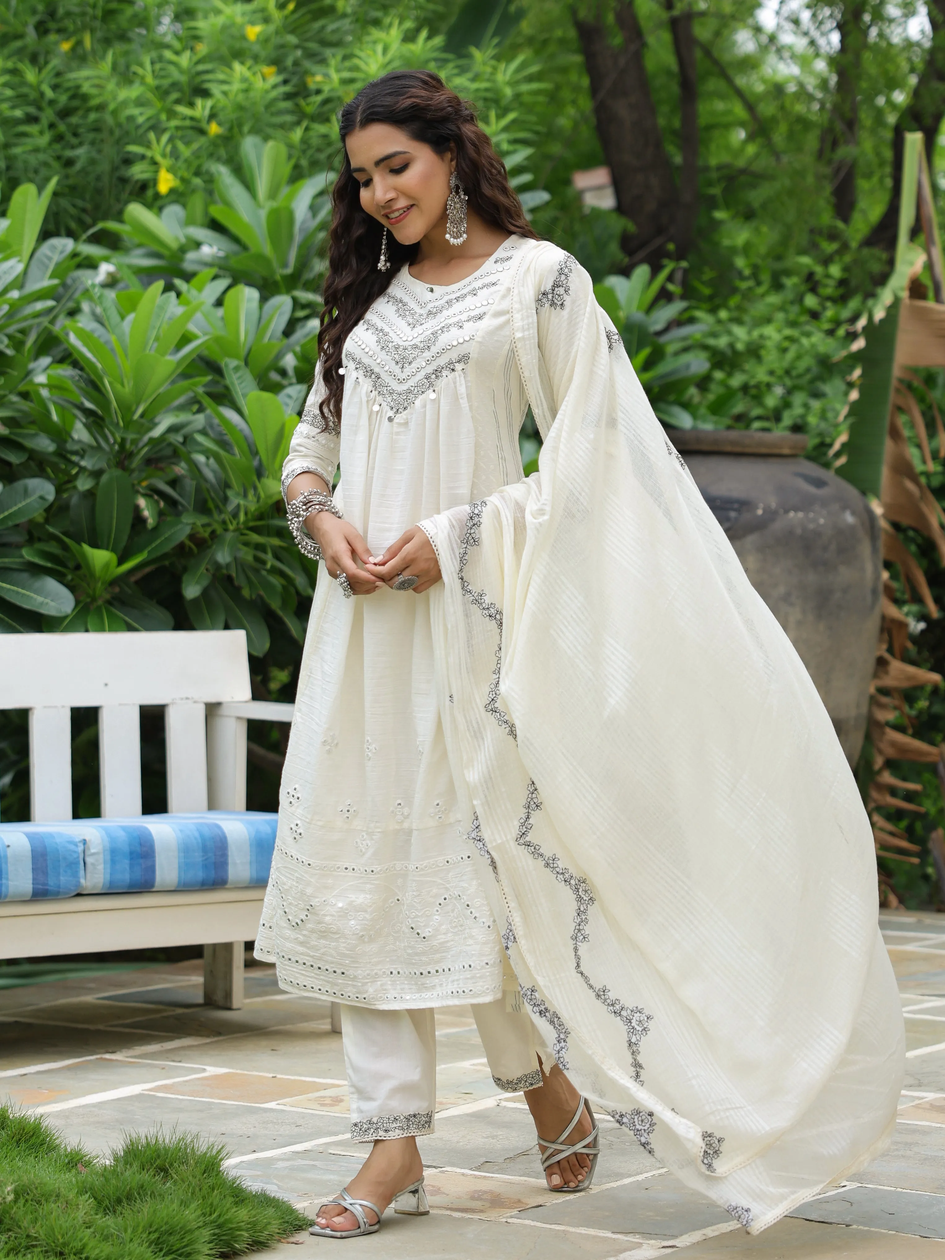 Ethnic Floral Embroidered A-Line Pleated Kurta with Pant & Dupatta - Cream