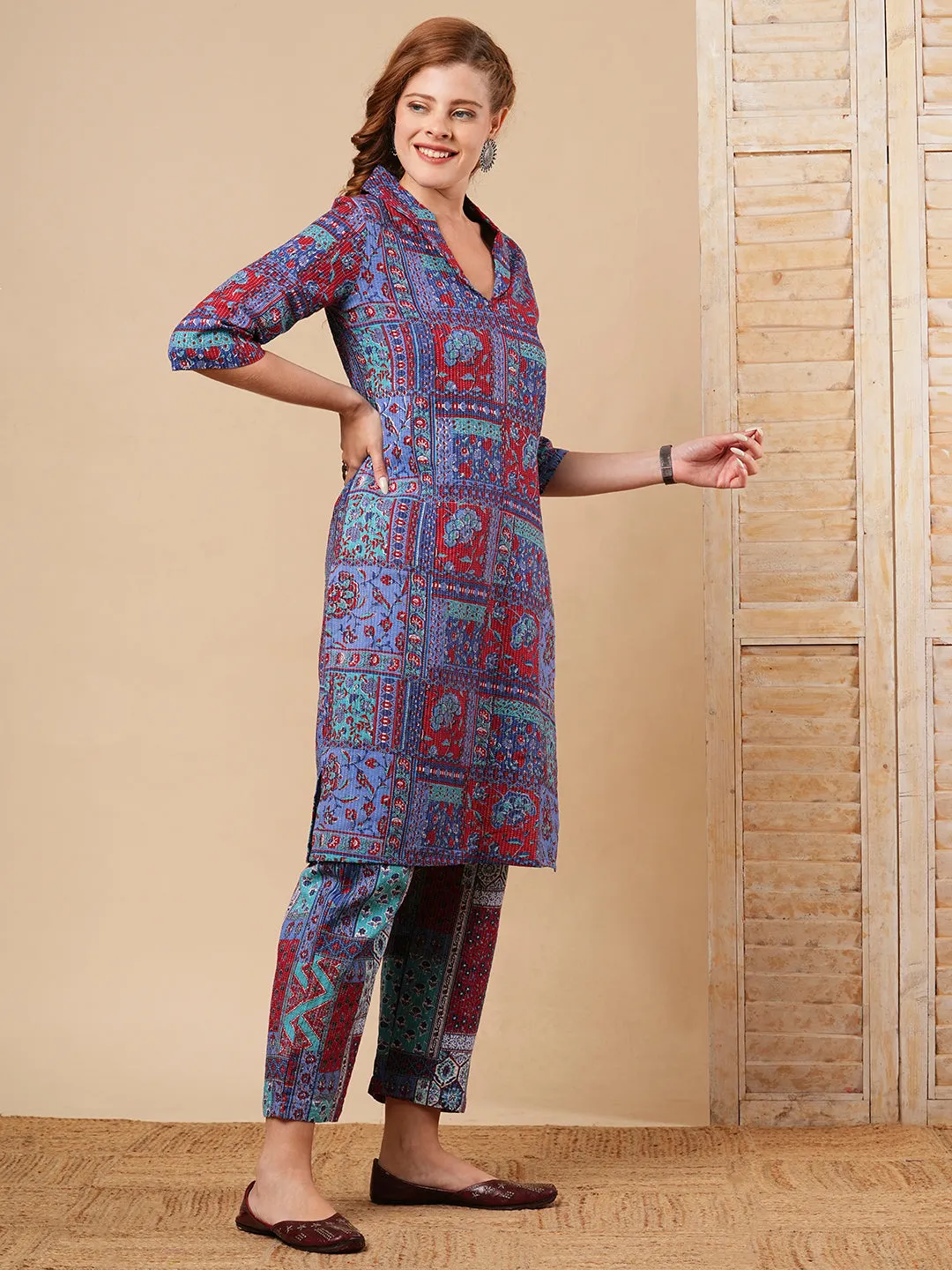 Ethnic Floral Geometric Printed Straight Fit Co-ord Set - Purple