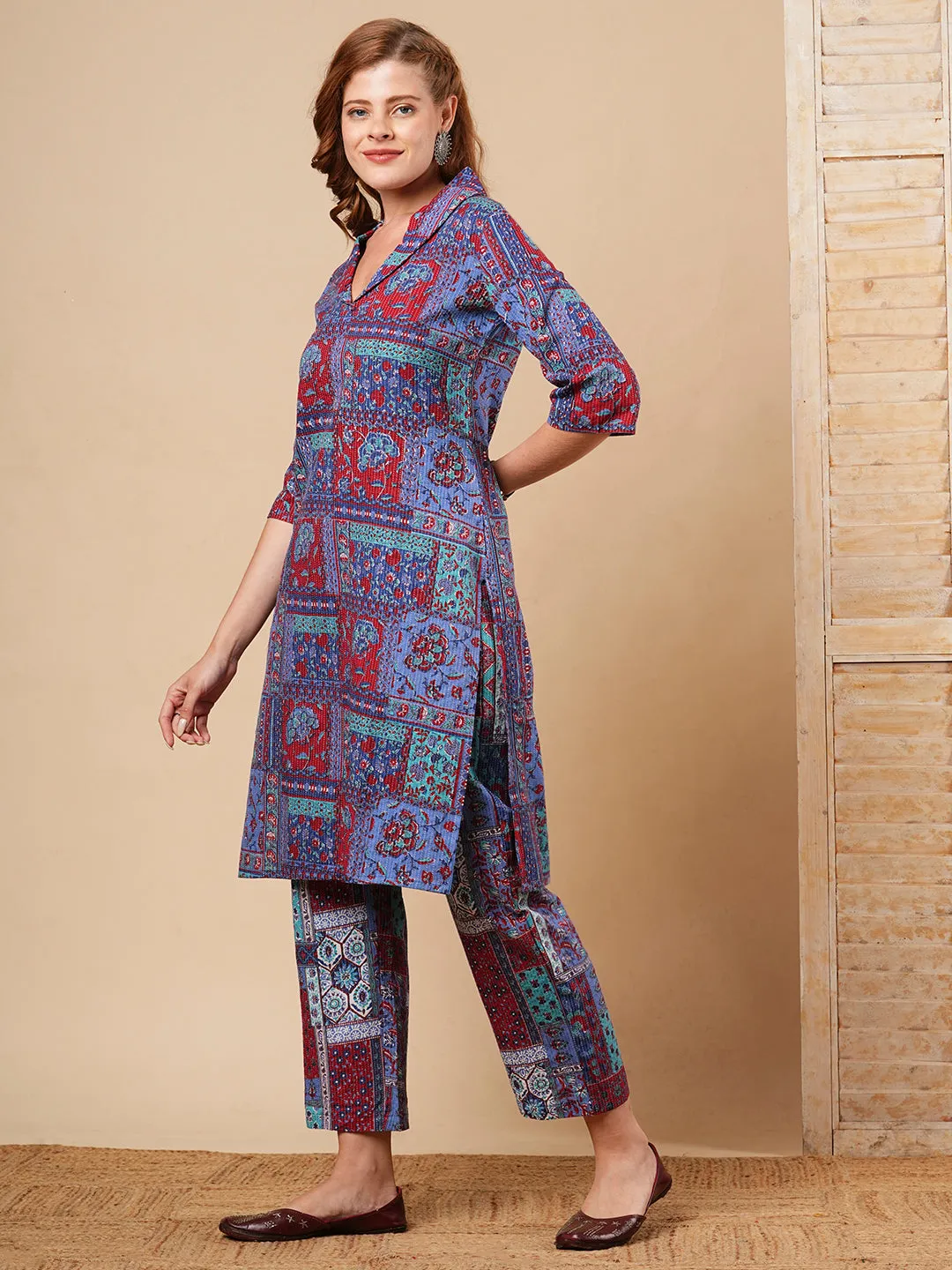 Ethnic Floral Geometric Printed Straight Fit Co-ord Set - Purple