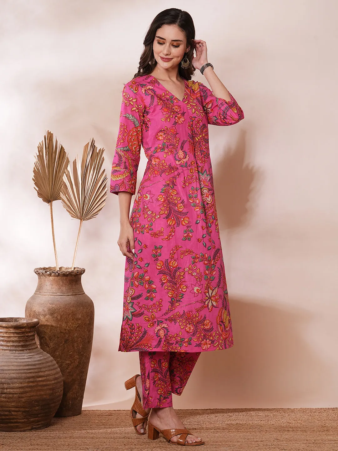 Ethnic Floral Printed A-Line Co-ord Set - Pink