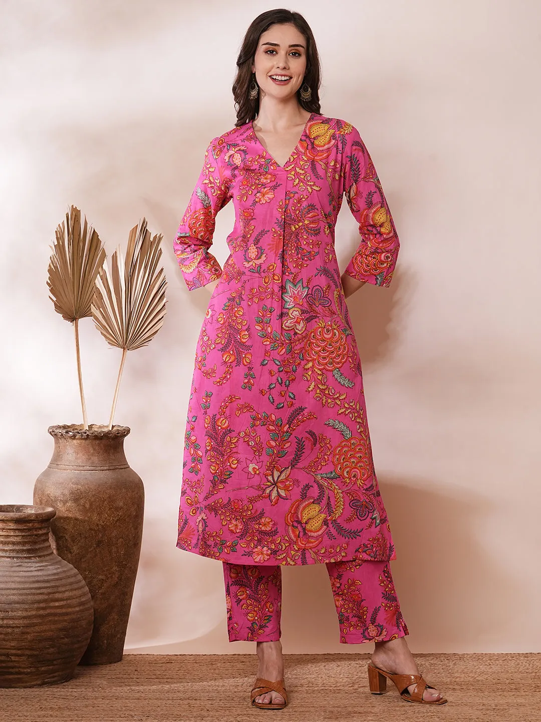 Ethnic Floral Printed A-Line Co-ord Set - Pink