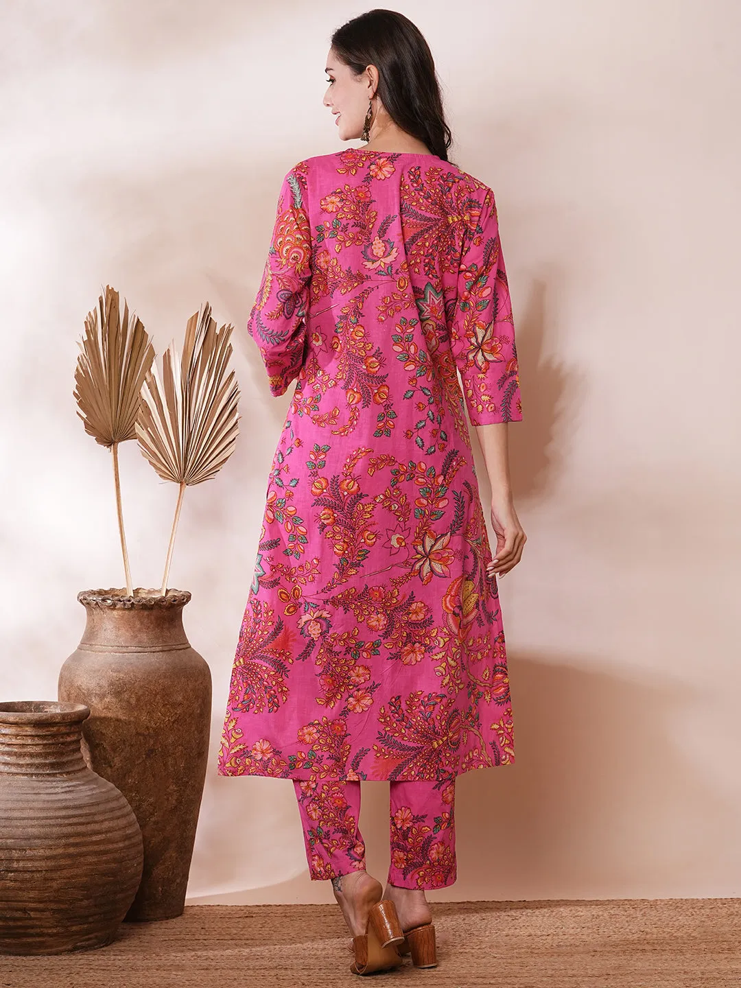 Ethnic Floral Printed A-Line Co-ord Set - Pink