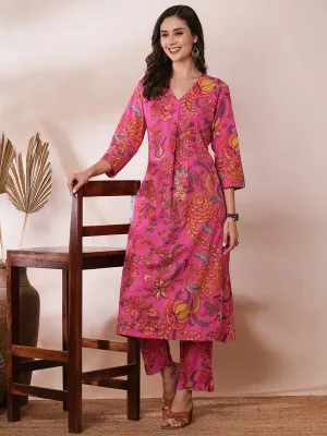 Ethnic Floral Printed A-Line Co-ord Set - Pink