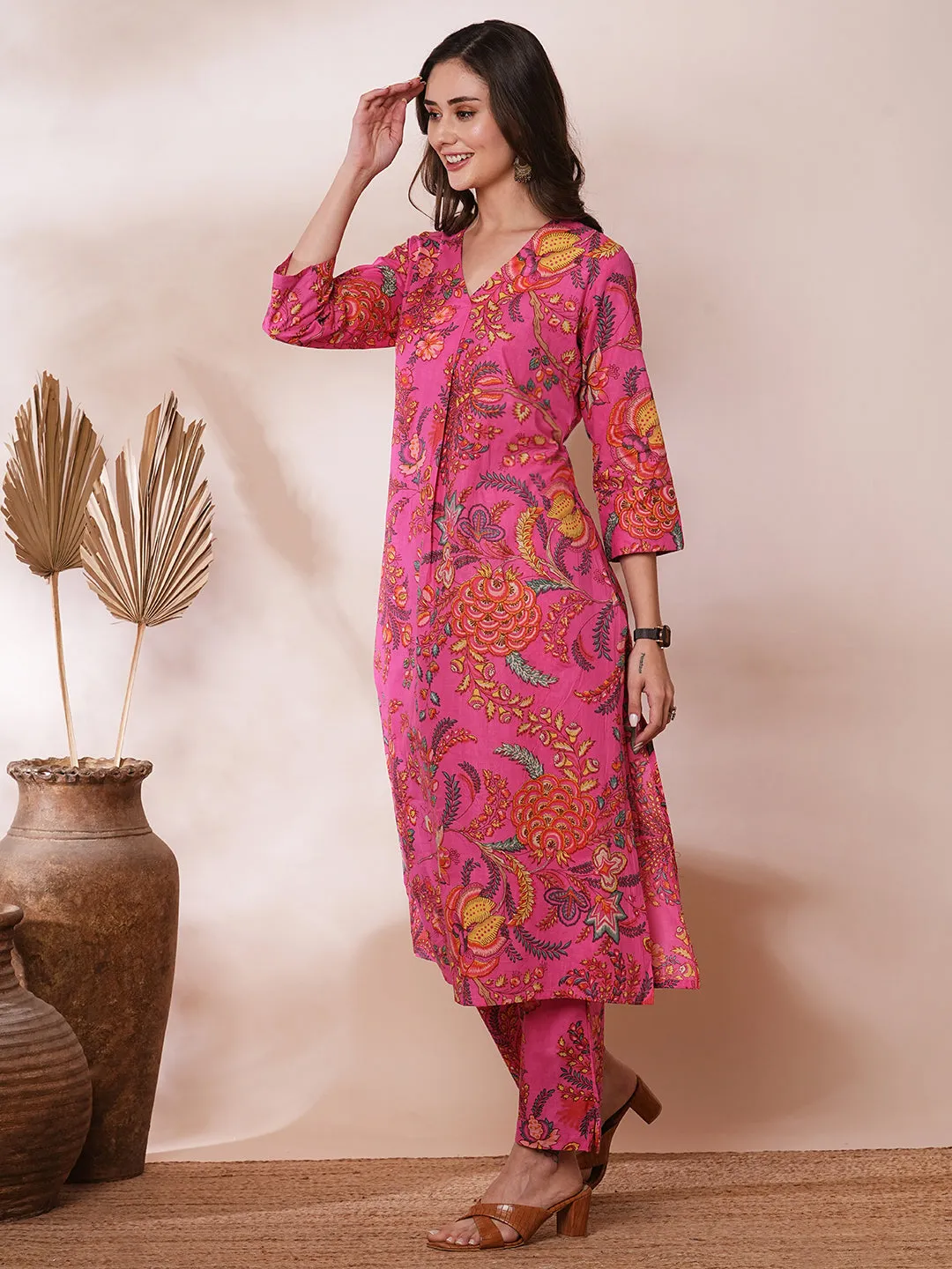 Ethnic Floral Printed A-Line Co-ord Set - Pink