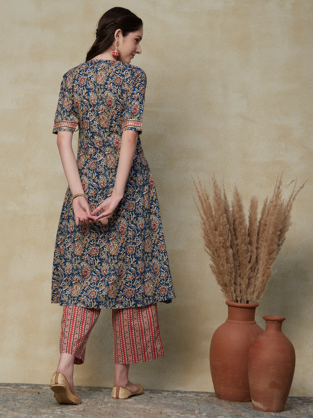 Ethnic Floral Printed A-Line Flared Kurta with Palazzo - Blue