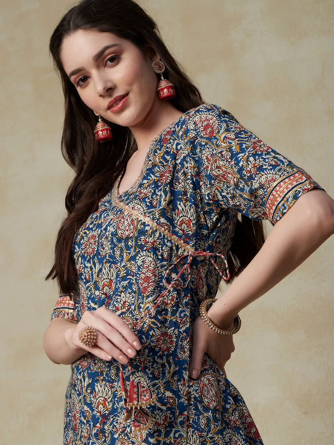 Ethnic Floral Printed A-Line Flared Kurta with Palazzo - Blue