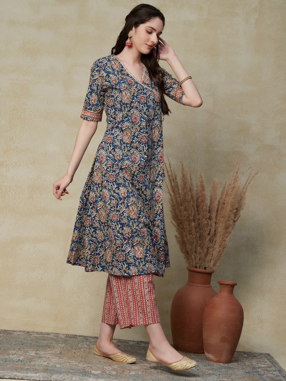 Ethnic Floral Printed A-Line Flared Kurta with Palazzo - Blue