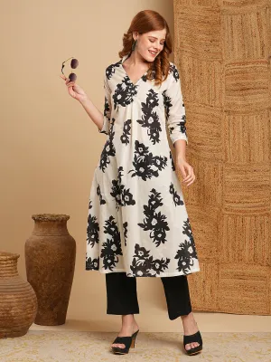 Ethnic Floral Printed A-Line Kurta with Pant - White