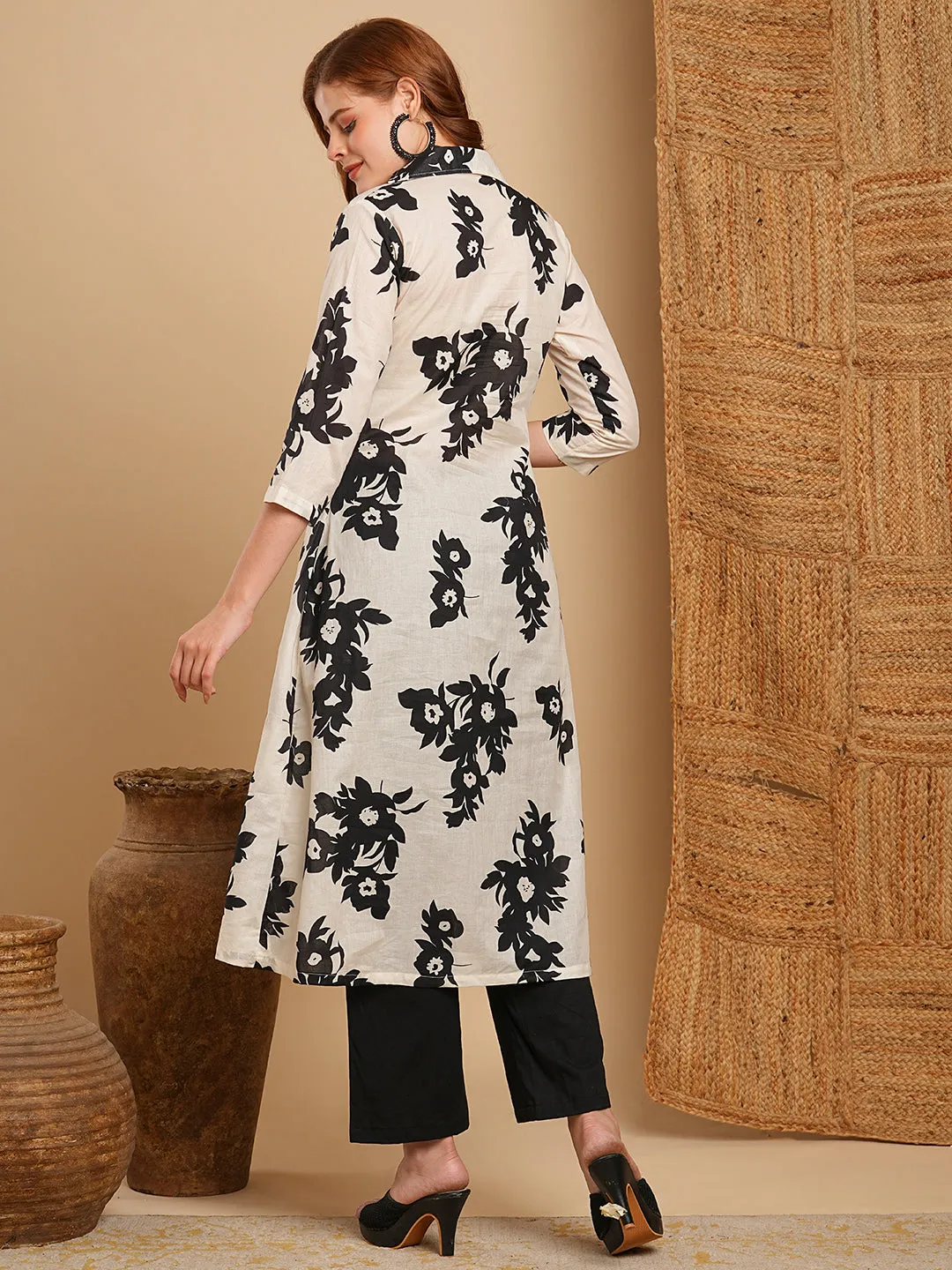 Ethnic Floral Printed A-Line Kurta with Pant - White