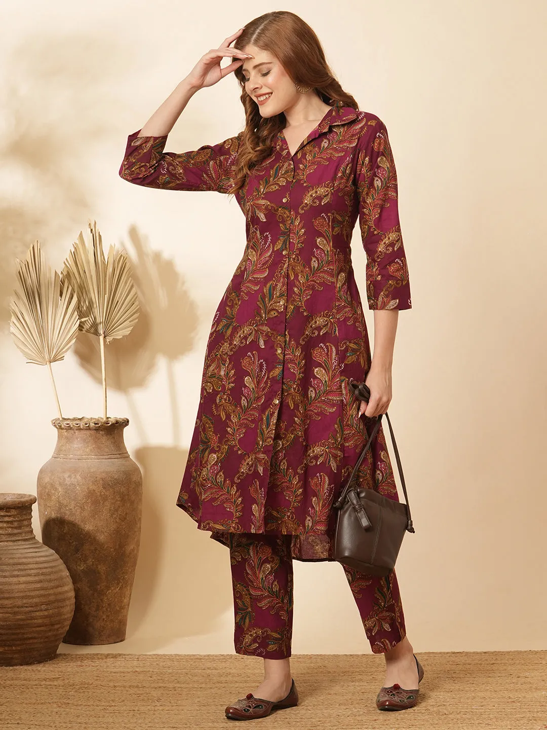 Ethnic Floral Printed A-Line Paneled Co-ord Set - Burgundy