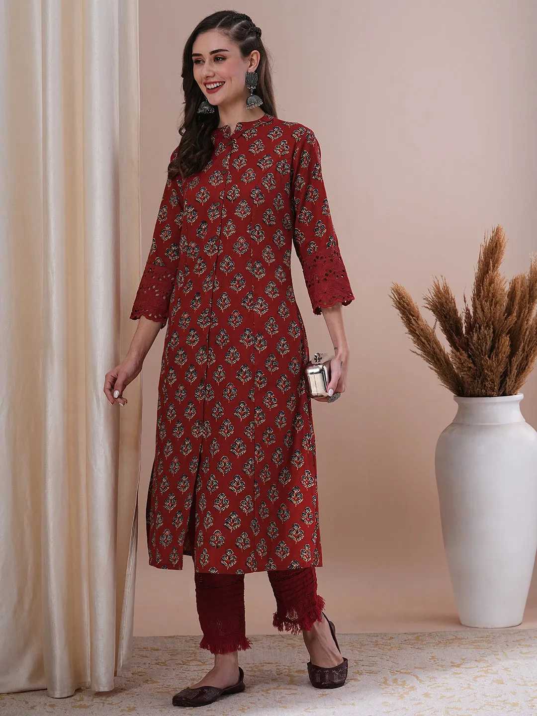 Ethnic Floral Printed A-Line Paneled Kurta - Maroon