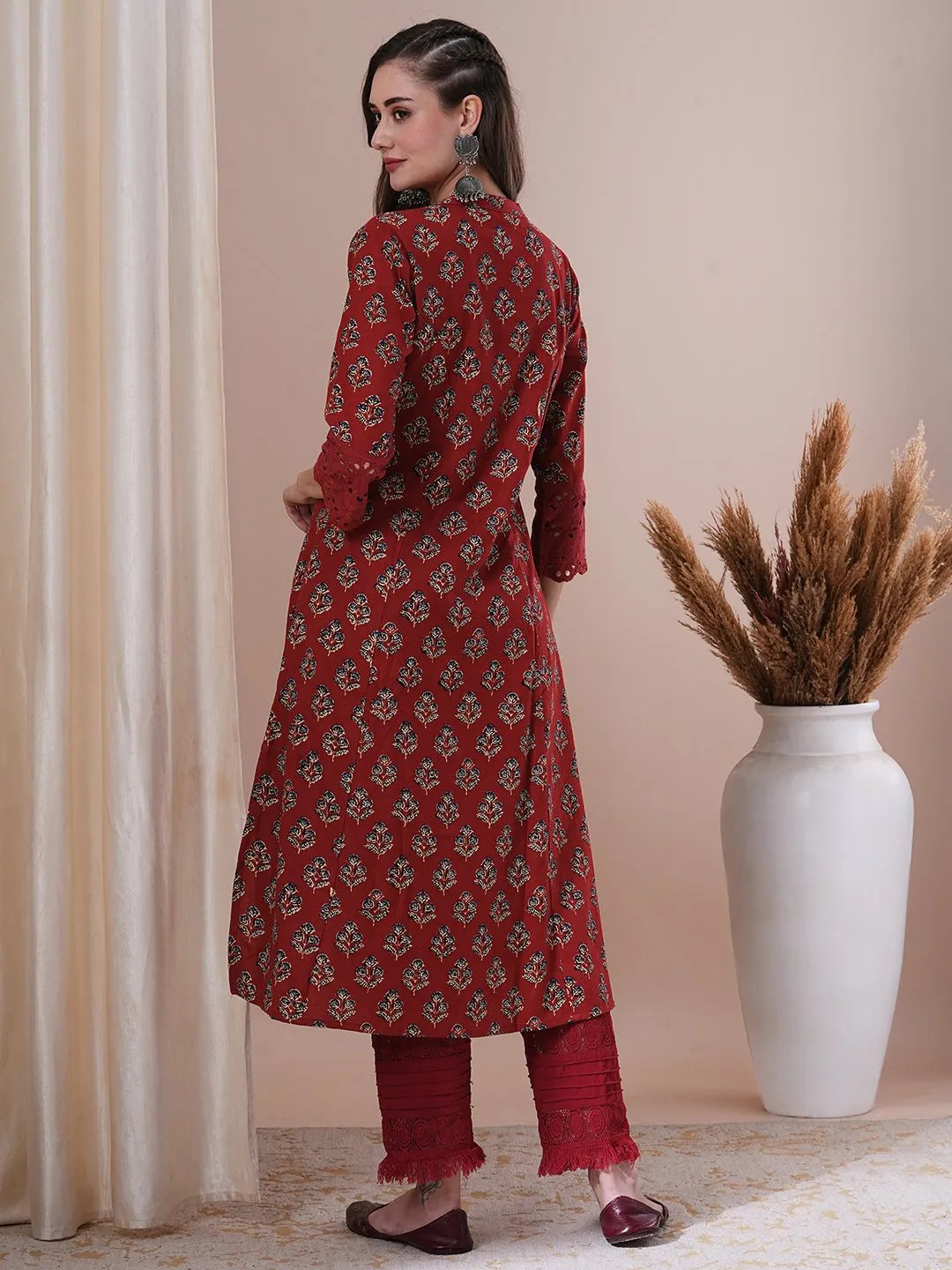 Ethnic Floral Printed A-Line Paneled Kurta - Maroon