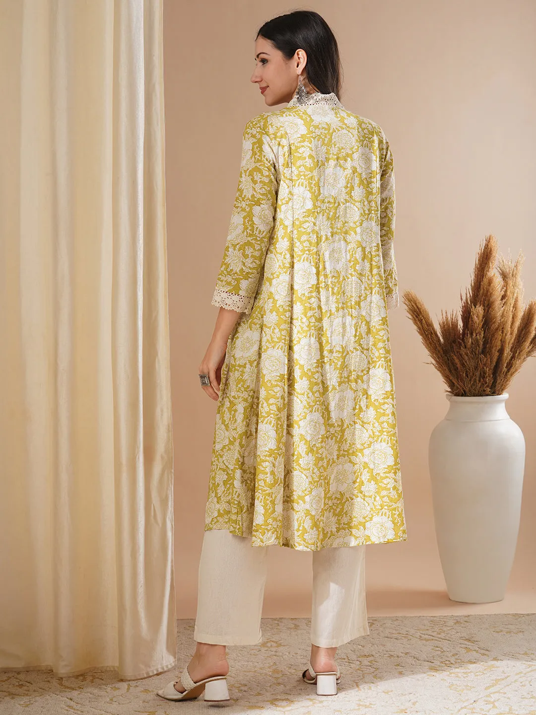 Ethnic Floral Printed A-Line Paneled Kurta with Palazzo - Green