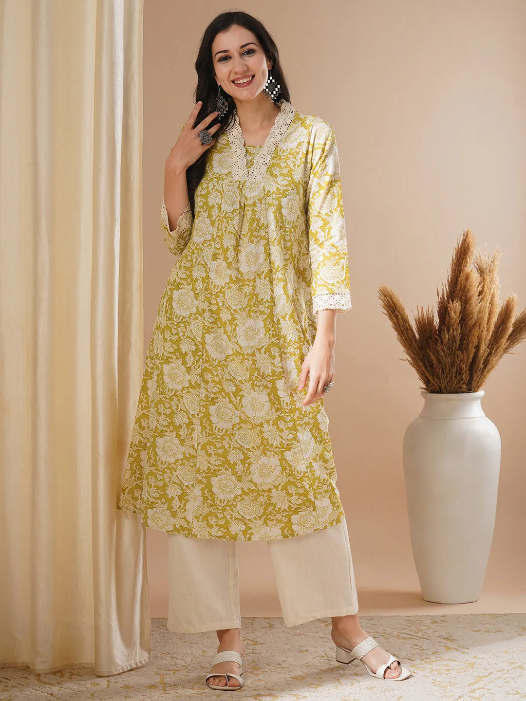 Ethnic Floral Printed A-Line Paneled Kurta with Palazzo - Green