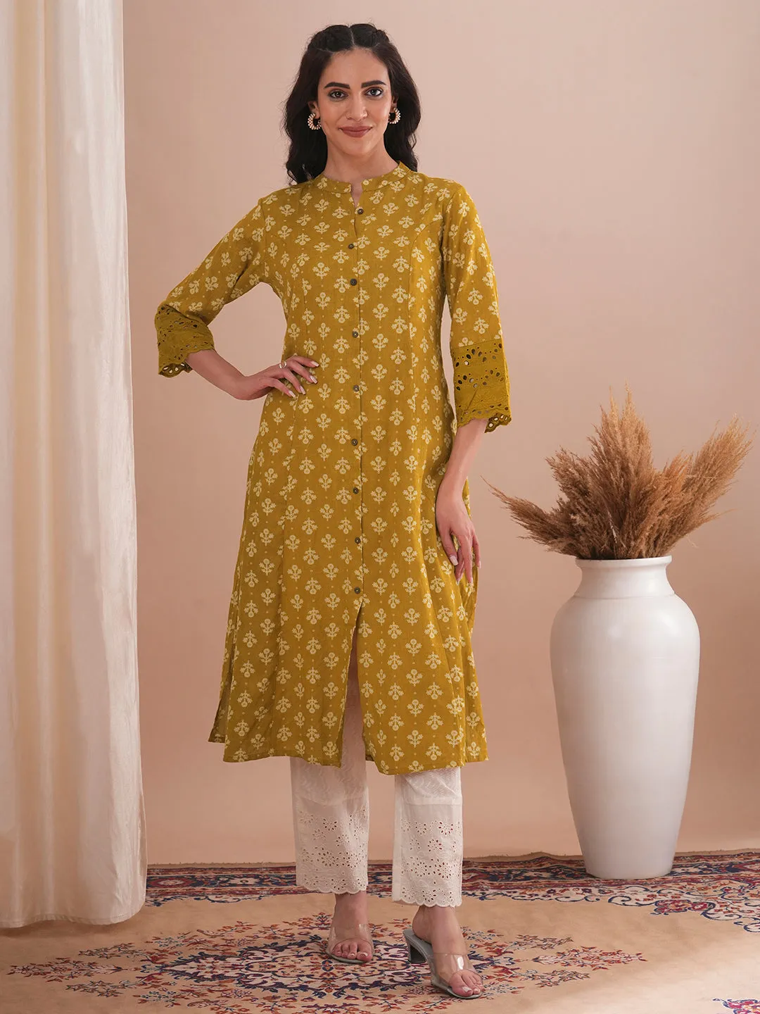 Ethnic Floral Printed A-Line Paneled Schiffli Patched Cotton Flax Kurta - Mustard