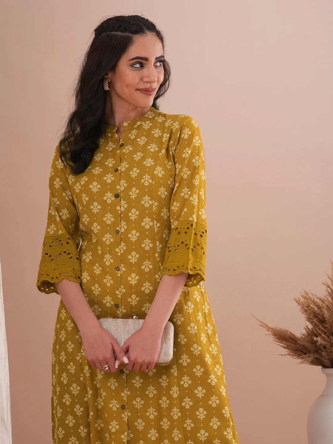 Ethnic Floral Printed A-Line Paneled Schiffli Patched Cotton Flax Kurta - Mustard