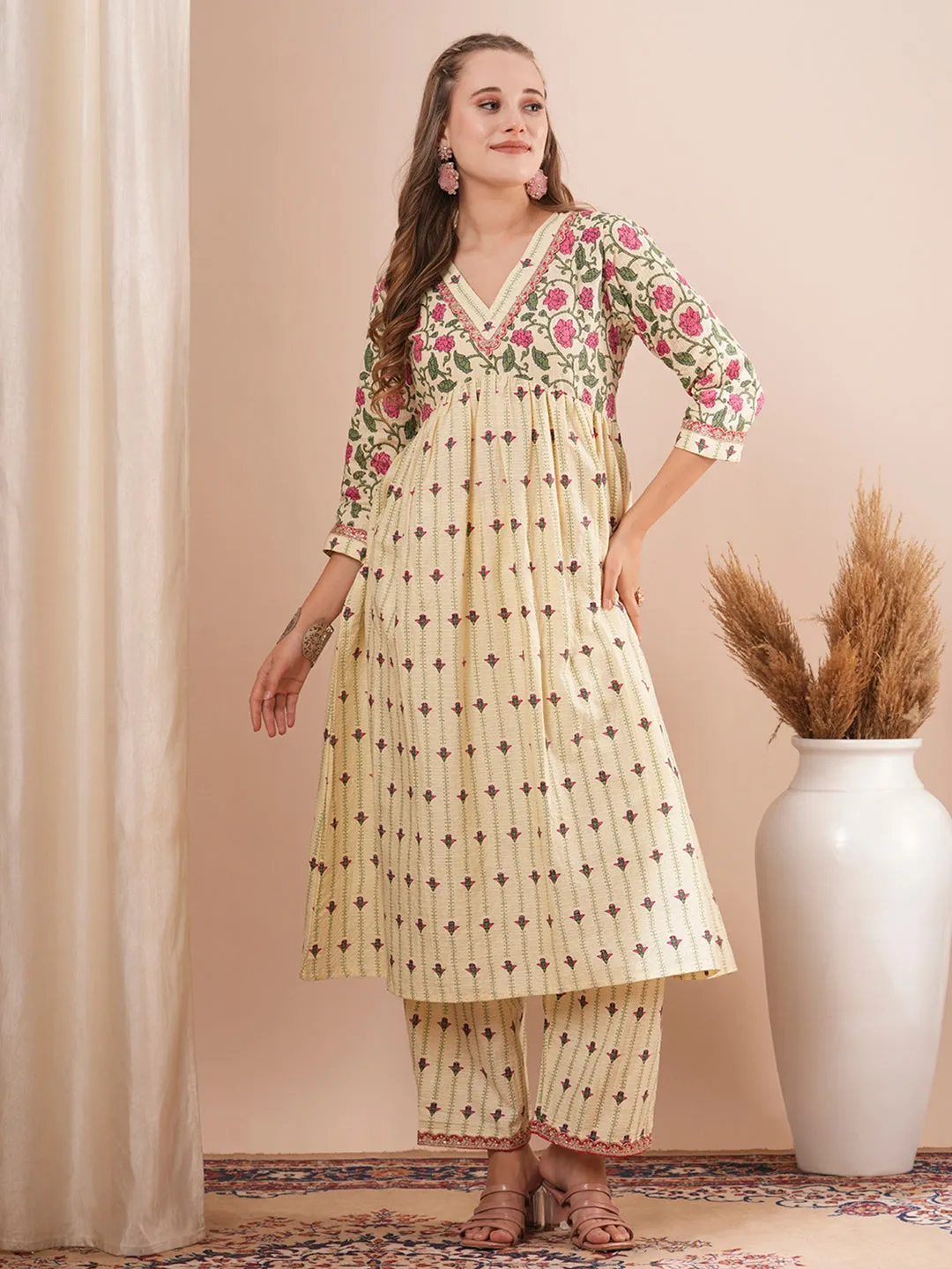 Ethnic Floral Printed A-Line Pleated Kurta with Palazzo - Cream