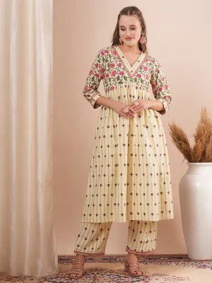 Ethnic Floral Printed A-Line Pleated Kurta with Palazzo - Cream