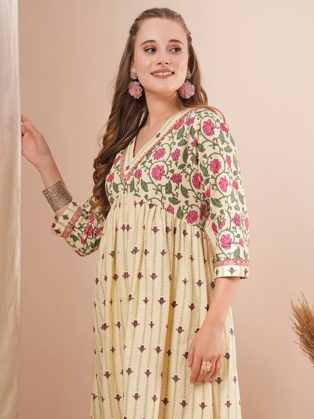 Ethnic Floral Printed A-Line Pleated Kurta with Palazzo - Cream