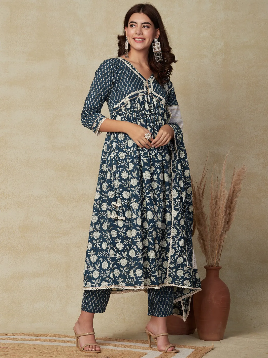 Ethnic Floral Printed A-Line Pleated Kurta with Pant & Dupatta - Teal Blue