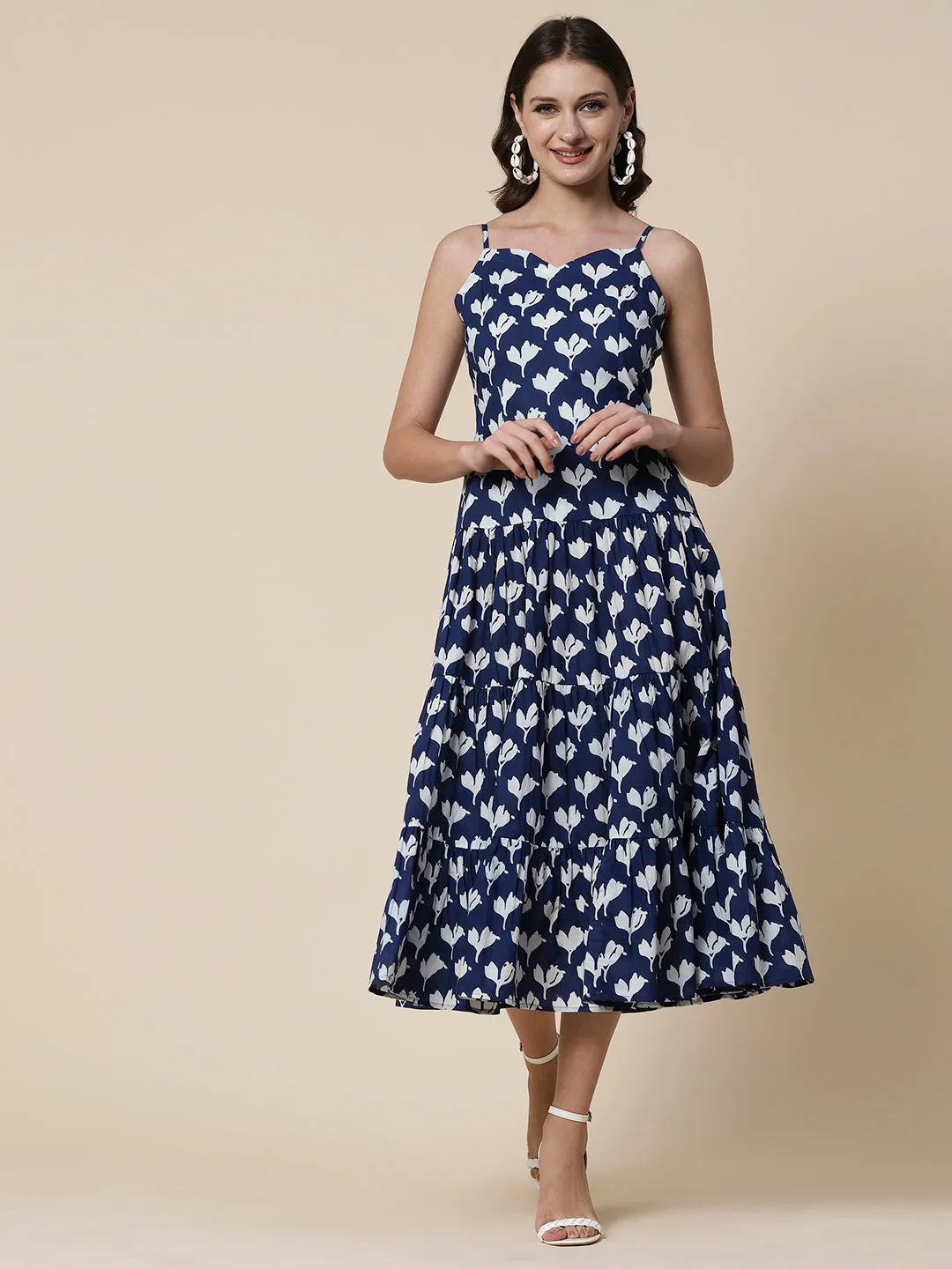 Ethnic Floral Printed A-Line Tiered Flared Maxi Dress - Blue