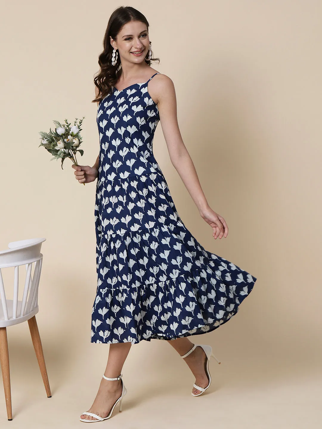 Ethnic Floral Printed A-Line Tiered Flared Maxi Dress - Blue