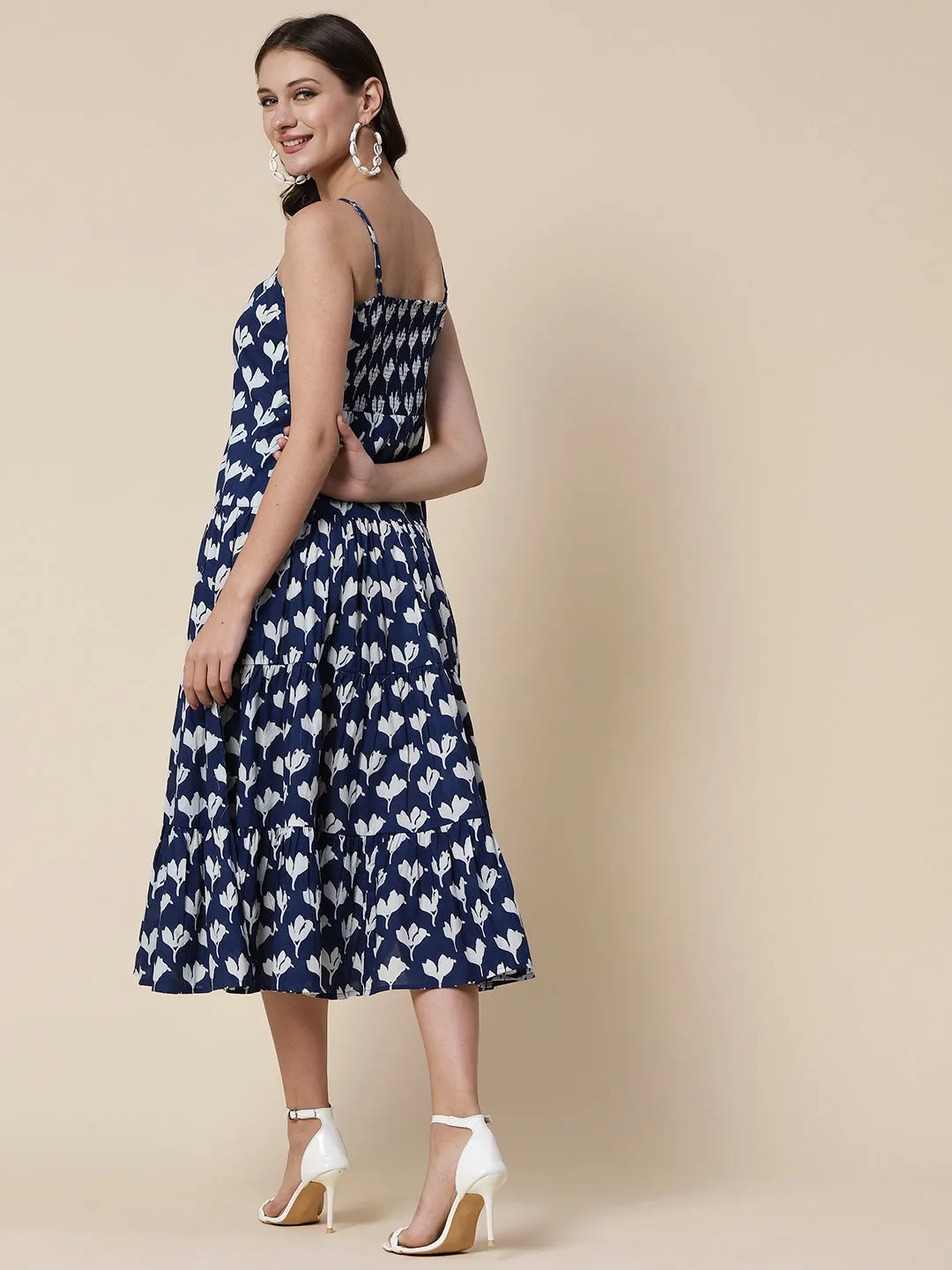 Ethnic Floral Printed A-Line Tiered Flared Maxi Dress - Blue