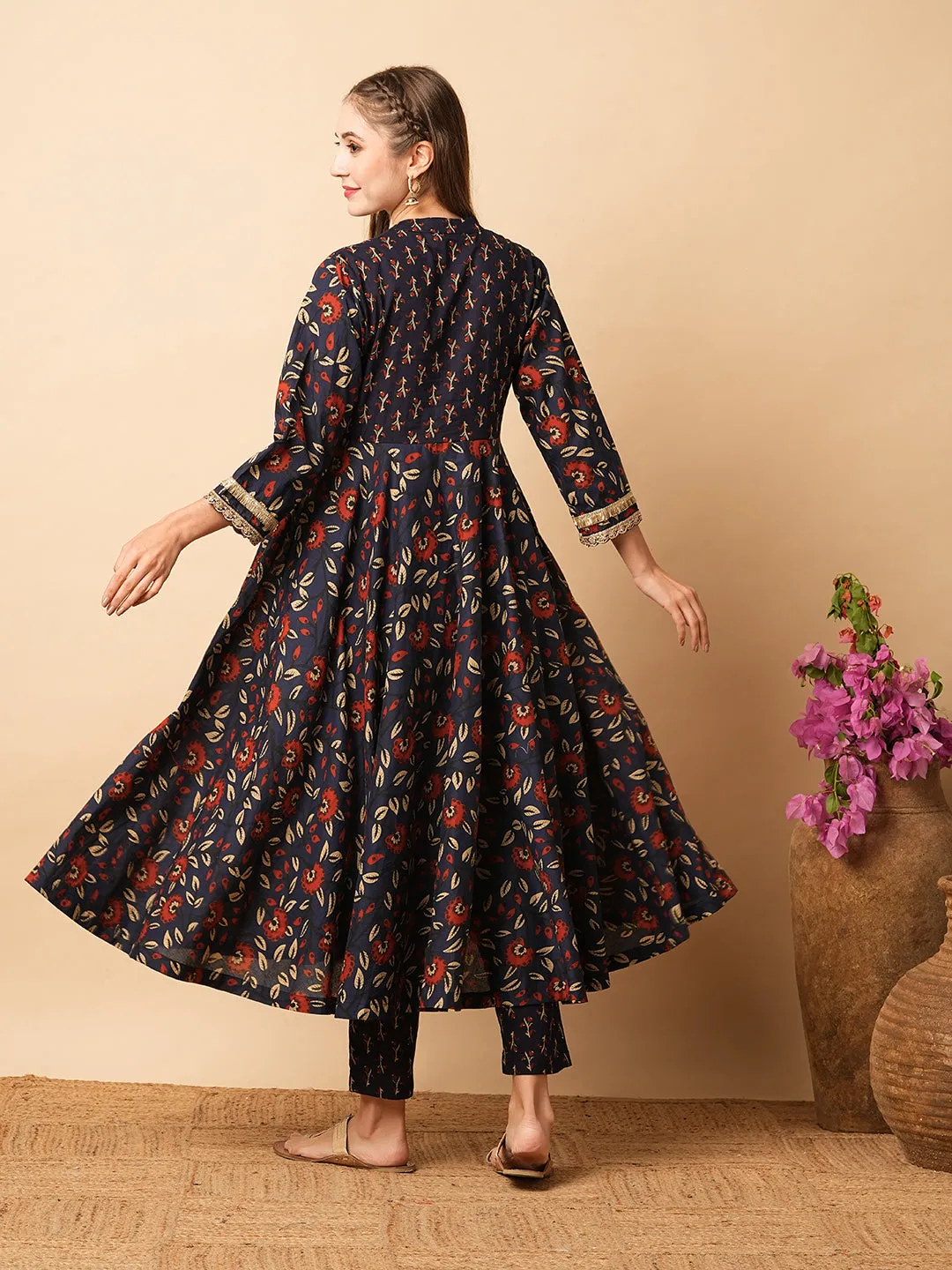 Ethnic Floral Printed & Embroidered A-Line Flared Kurta with Pant - Navy Blue